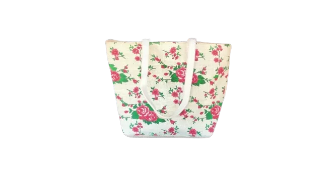 Jute Handbag Red printed flowers